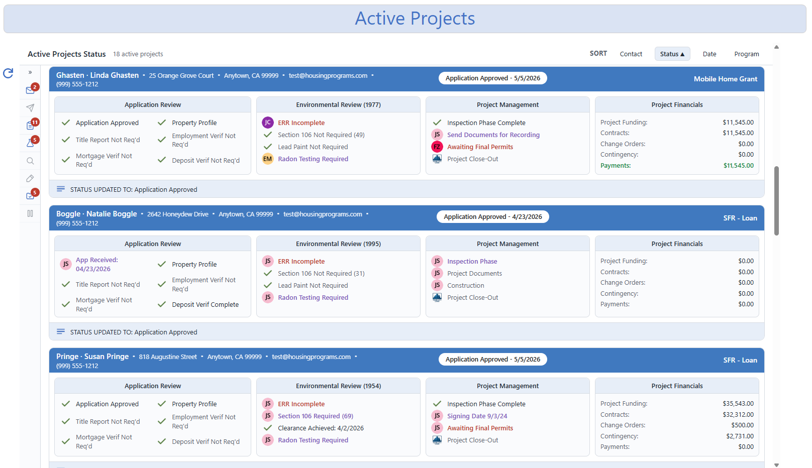 Active Projects status board with per-project review, environmental, management, and financials cards