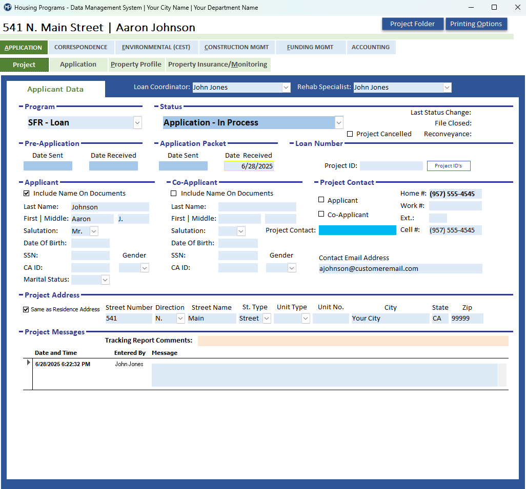 Application Intake screen example