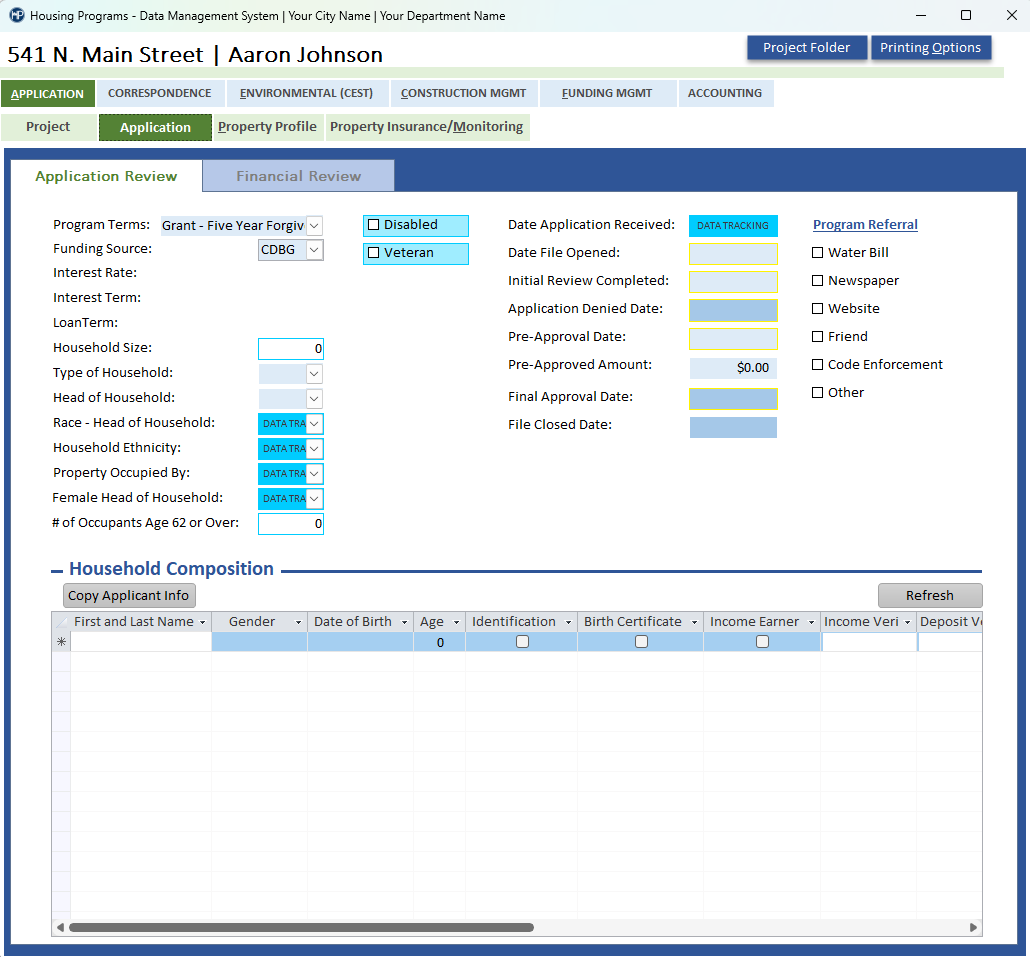 Application Intake screen example