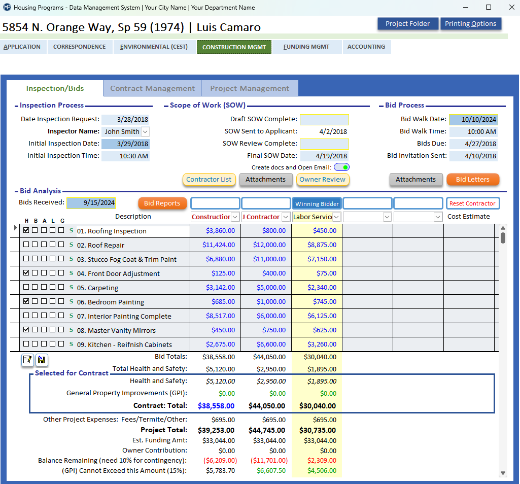 Construction Management screen example
