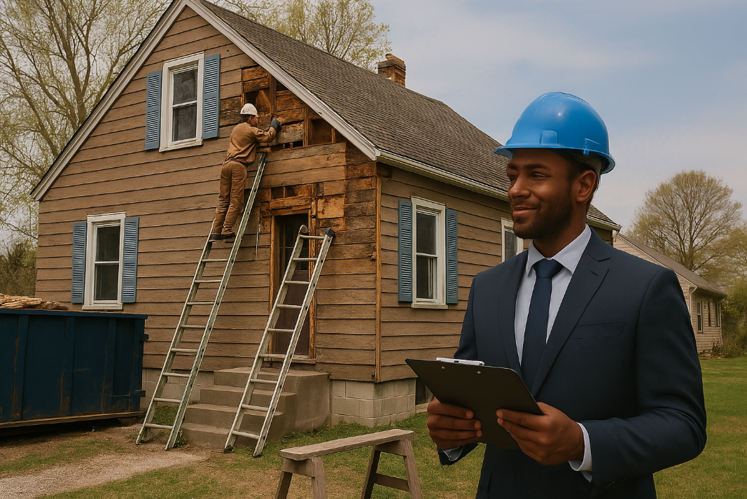 Inspector with a clipboard at a home rehabilitation site