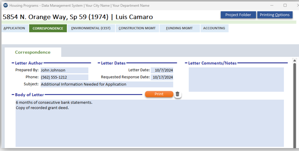 Correspondence screen example