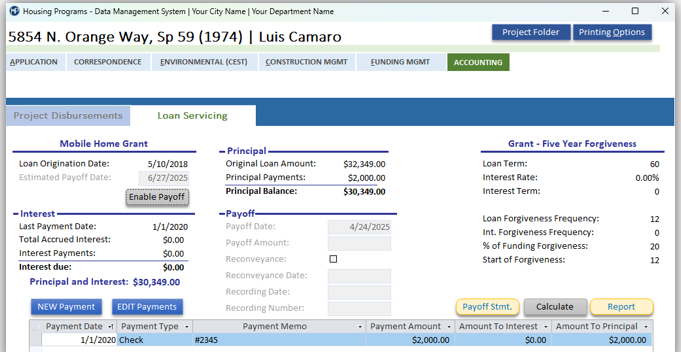 Loan Servicing screen example
