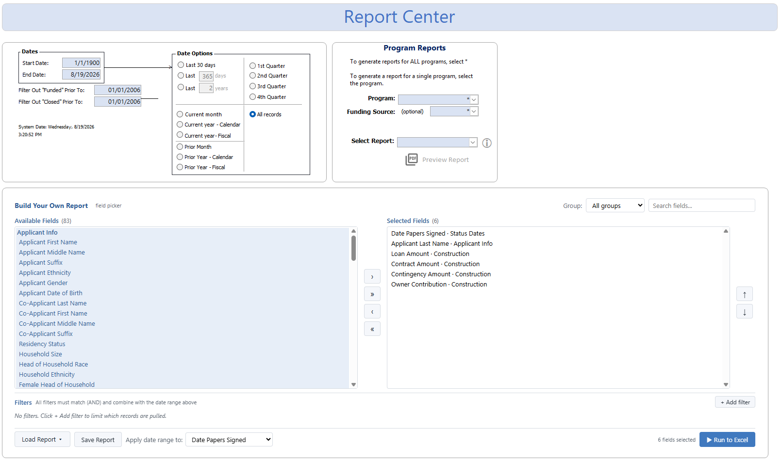 Report Center screen with build-your-own-report field picker